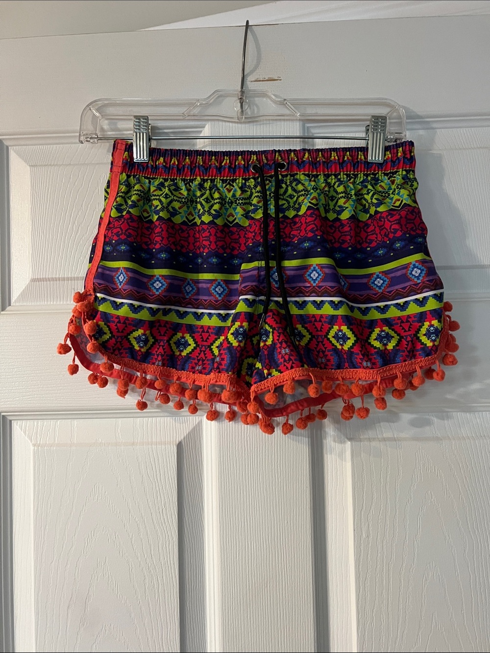 Women's Aztec Pom-Pom Athletic Shorts in Red Multicolor
